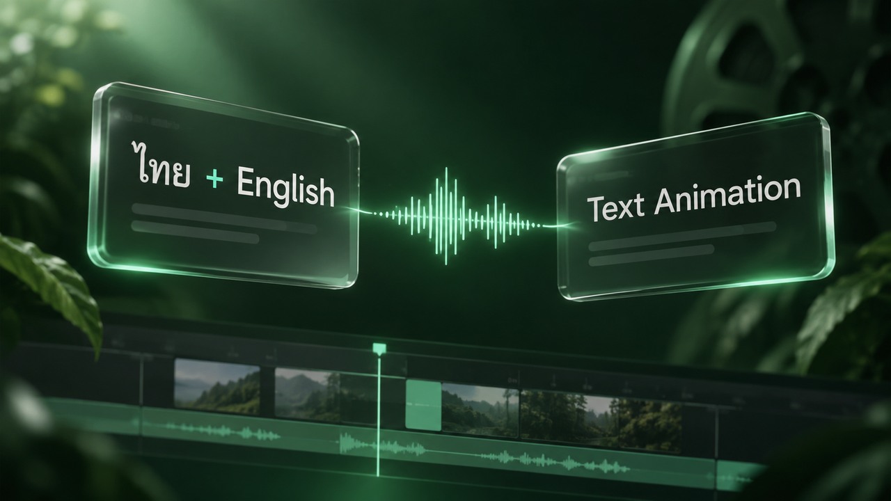 ภาพประกอบการตรวจซับไทยปนอังกฤษ มีการ์ด Text Animation และคลื่นเสียงสีมิ้นต์บนพื้นเขียวเข้ม