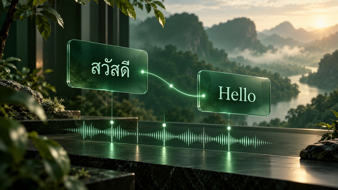 ภาพประกอบการ์ดซับสวัสดีและ Hello เชื่อมกับคลื่นเสียงและจังหวะเวลาสีมิ้นต์บนพื้นเขียวเข้ม